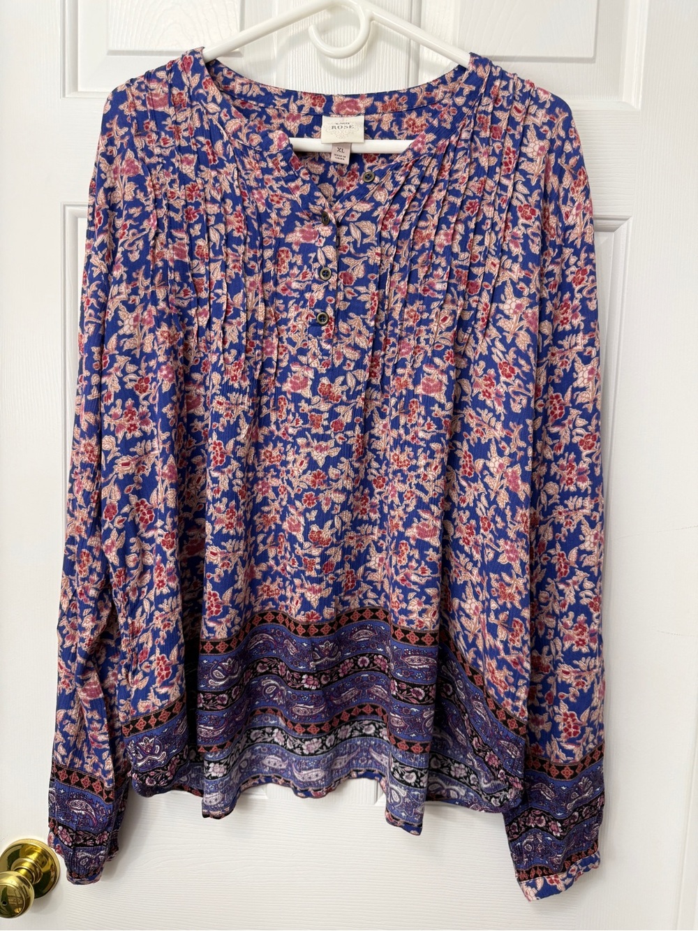 Knox Rose Navy Floral Button-Front Peasant Blouse